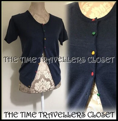 NUEVO KATE MOSS TOPSHOP Cárdigan Manga Corta Tejido Fino Botón Corazón Azul Marino Reino Unido 12 40 Foto 1 de 3