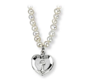 First Communion Necklace with Sterling Silver Chalice Center Heart Pendant,16 In - Picture 1 of 1