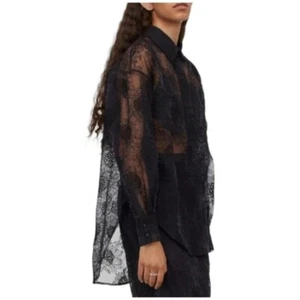 Usado una vez! Camisa Sandra Mansour x H&M Negra Organza Girasol Bordada Talla M - Imagen 1 de 10