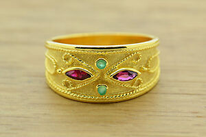 EMERALD RING, BYZANTINE RING, ETRUSCAN RING, STERLING SILVER, 22K GOLD PLATED,