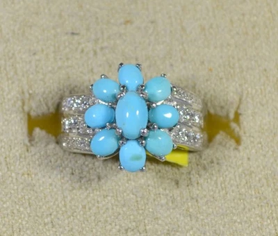 AZ SLEEPING BEAUTY TURQUOISE-CAMB ZIRCON-SIZE 6 RING-FLORAL CLUST-PLAT/STER SILV - Image 1 of 4