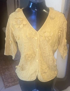 Cardigan maglione vintage Ungaro Ter floreale uncinetto manica corta L oro giallo - Foto 1 di 10