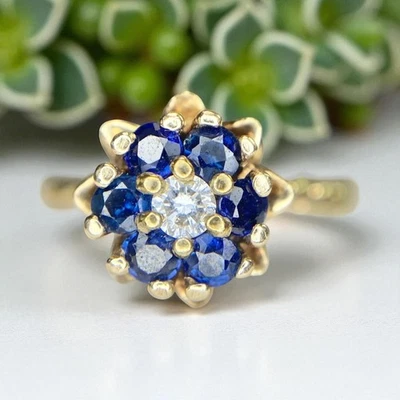 复古 14k 黄金天然蓝色蓝宝石钻石花朵戒指 — 第 1/4 张图片