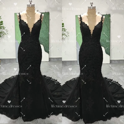 Vestidos de novia sirena negros cuello en V gótico tul sin mangas encaje vestidos de novia Foto 1 de 4