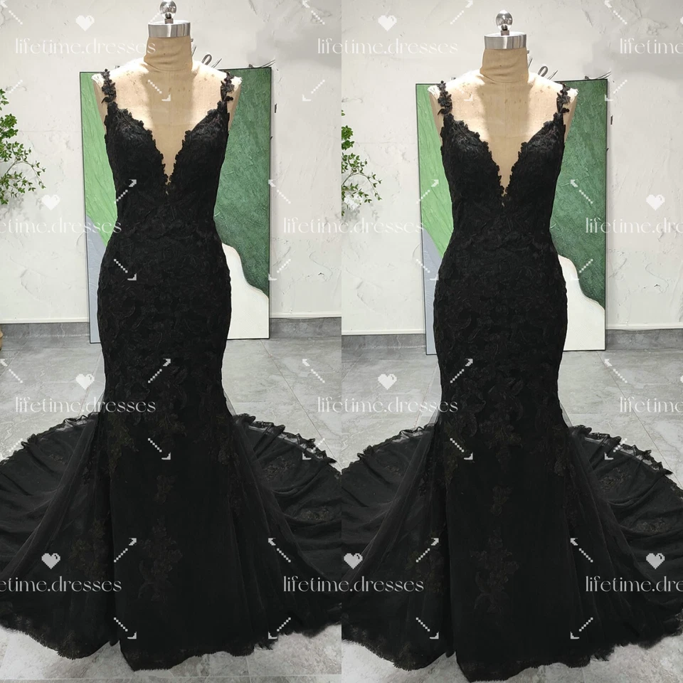 Русалка черный свадебные платья V шеи Gothic тюль без рукавов кружева свадебные платья - Изображение 1 из 4