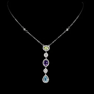 925 Sterling Silver Necklace Oval Amethyst Peridot Natural Gemstone Jewelry 17in - Image 1 of 4