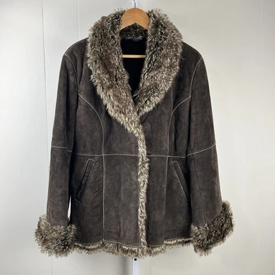 Chaqueta Abrigo Marvin Richards Gamuza Cuero Mujer Grande Imitación Piel Borde Marrón Oscuro Foto 1 de 4