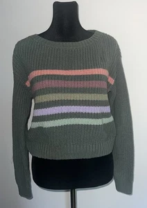 Aeropostale Chunky Knit Women’s Cropped Striped Sweater Green Pastel Stripes S - Picture 1 of 8