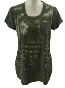 DAMEN PER SE GRÜN GOLD PERLEN KURZARM BLUSE 100 % SEIDE GRÖSSE 14-16 - Bild 1 von 6