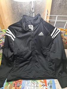 Adidas Kids Youth Jacket Size 8 Black White Stripes Long Sleeve Zipper, Pockets - Picture 1 of 7