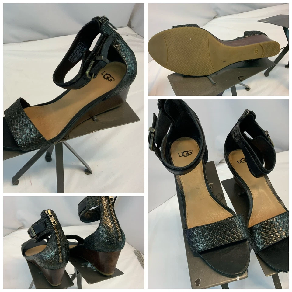 "Tacones de cuña con correa Ugg talla 8 gris negro hebilla trasera con cremallera tacón de 2"" como nuevos YGI G1S-68" Foto 1 de 4