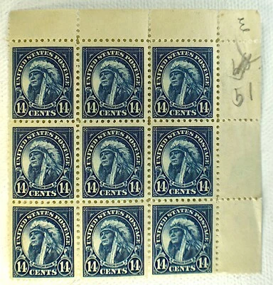 US STAMP SCOTT #565 AMERICAN INDIAN 14C BLOCK OF 9 W/CORNER SELVAGE MNH OG, 1923 - Image 1 of 2