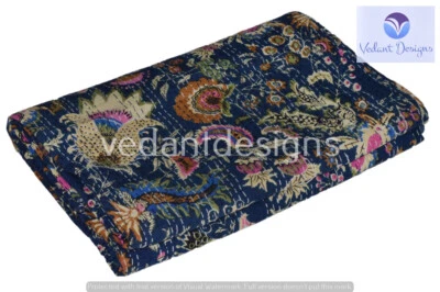 Indian Handmade Floral Kantha Quilt Reversible Bedspread Double Cotton - Image 1 of 4