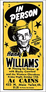 HANK WILLIAMS 1952 Cain's Ballroom Tulsa Concert Poster - Picture 1 of 1