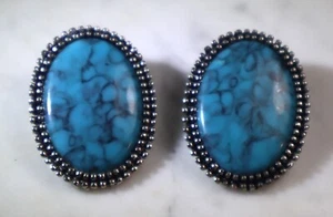 VTG Roma SW Style Oval Faux Turquoise w/Beaded Silver Tone Clip On Earrings - Picture 1 of 5