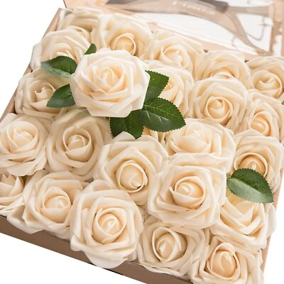 Ling's Moment Artificial Flowers 25Pcs Cream Roses Decor w/Stems,3" Real Touc... - Image 1 of 4