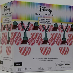 Disney Magic Holiday 25 Shimmering Mickey Mouse Red White Stripe String Lights  - Picture 1 of 2