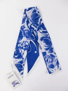 BURBERRY blue & white rose & logo print reversible skinny silk scarf designer - Picture 1 of 5