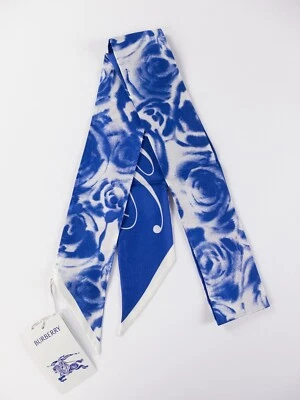 BURBERRY blue & white rose & logo print reversible skinny silk scarf designer - Image 1 of 4