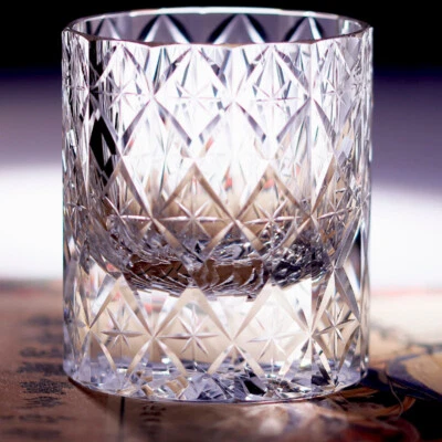 UNMARKED Clear Whiskey Glasses Japanese Style Hand Cut Crystal Kiriko Glass 8oz Gift Box