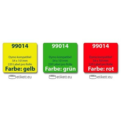 Label kompat. zu Dymo 99014 54x101mm 220 Etiketten pro Rolle rot grün gelb