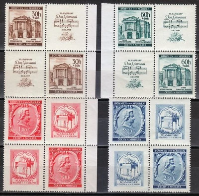 Bohemia & Moravia 1941 MNH Mi 79 Zf-82 Zf Sc B5-B8 Old Theater & Mozart ZD ** - Image 1 of 2