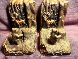 Vintage Bear and Deer Near Stump Bookends Antique Bronze Finish Metal Art Deco - Picture 1 of 4