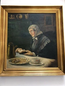 Ölgemälde Gemälde Dame am gedeckten Tisch und liest um 1910 - Bild 1 von 12