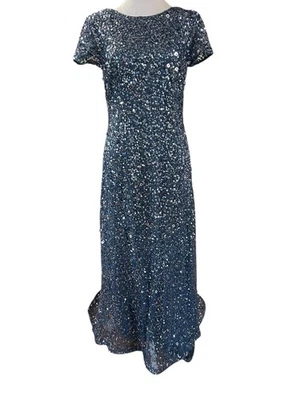 Adrinanna Pappell Blue Sequin Gown with Train Stretch Material Sz 6 - Image 1 of 4