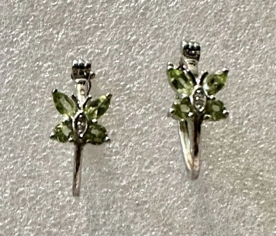 Natural Arizona Peridot & White Zircon Butterfly Hoop Earrings Sterling 1.15 ctw - Image 1 of 4