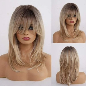 Ombre Blonde Wig with Bangs Shoulder Length Long Curly Heat Resistant Synthet... - Picture 1 of 5