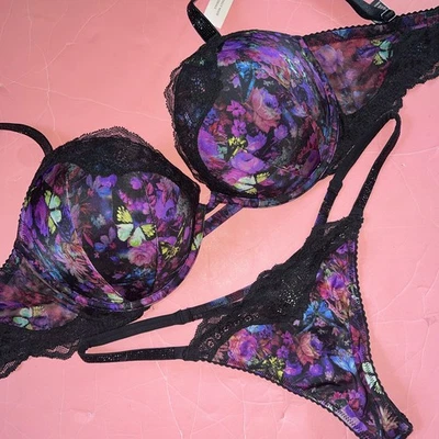 Victoria's Secret 34DDD,36DDD BRA SET M,L PURPLE Black BUTTERFLY SHINE STRAP - Image 1 of 4