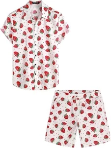 Men's Pajama Set Button Down Shirt Matching Shorts Strawberry Print Size XL - Picture 1 of 6