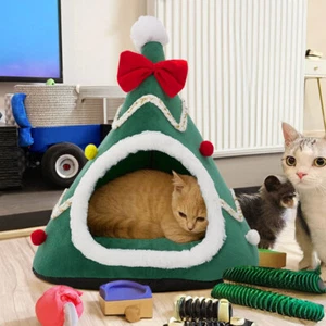 Christmas Tree Cat Puppy Cave Bed Igloo House Soft Warm Pet Kennel Tent Nest Bed - Picture 1 of 11