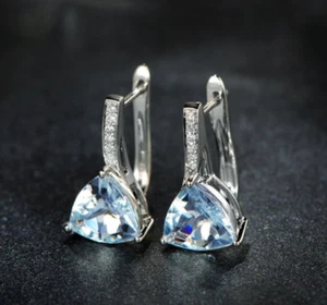 Triangle cut Aquamarine with Micro Zircon inlaid Clip-on lever back In S S - Picture 1 of 5