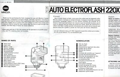 Minolta Auto Electroflash 220X user guide sheet (14"x20") in two languages E, F - Image 1 of 2