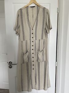M&S Collection Size 14 V Necked Button Up Linen Beige & Blue Striped Dress