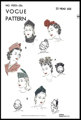 Vogue # 9203 Hats Cap Fabric Sewing Pattern Chemo Cancer Alopecia Vintage 1930's - Image 1 of 4