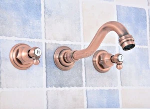 Red Copper Widespread Bathroom Sink Faucet Basin Wall Mounted 3 Holes Mixer Tap - Picture 1 of 9