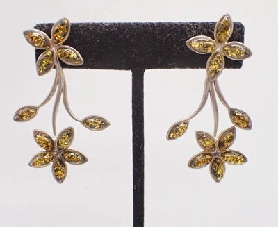 Sterling Silver Articulated Amber Flower Drop Earrings - Image 1 of 4