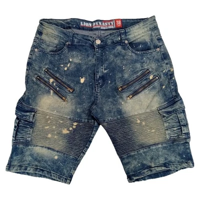 Lion Dynasty Shorts 38 Men's Y2K Hip Hop Streetwear Blue Jean Denim Moto Lines - Image 1 of 4