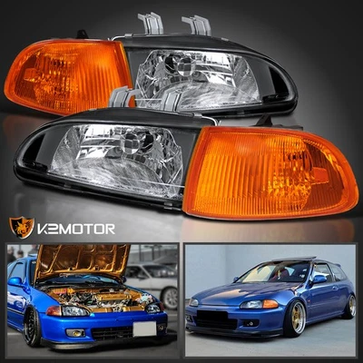 Fits 1992-1995 Honda Civic 2DR 3DR Black Headlights+Amber Corner Lamps 93 94 95 - Imagem 1 de 4