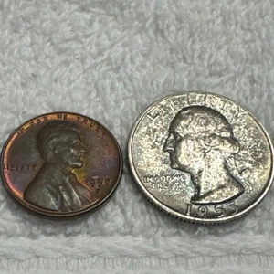 1955 Deep Speckled Washington Quarter&1957D Super Toned Lincoln Cent w/die Error - Picture 1 of 23