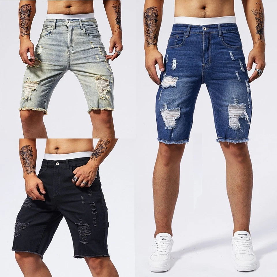 Mens Slim Fit Ripped Denim Shorts Stretch Distressed Casual Cotton Summer Jeans
