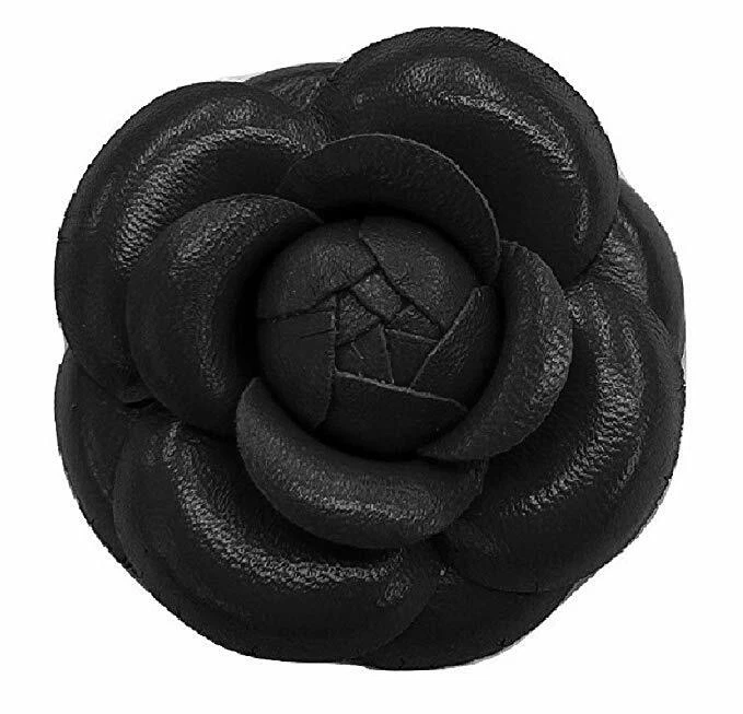 M&S Schmalberg 2.75" Black Camellia Brooch Pin - Genuine Leather Fabric - Image 1 of 4