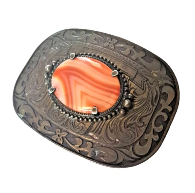 Hebilla de cinturón de latón de piedra cabujón pulido ágata naranja occidental vintage 4 pulgadas Foto 1 de 4