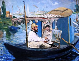 Monet Painting on His Studio Boat Painting by Edouard Manet Reproduction - Picture 1 of 3
