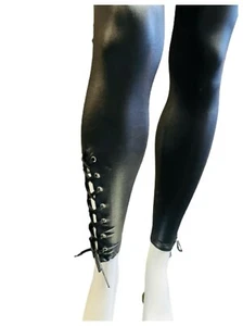 Women's Wet Look Shoe Tie String Leggings High Waist Side Tie Up Trouser Pants - Picture 1 of 8