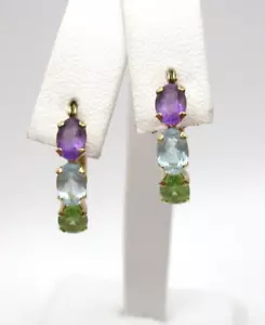 14K Yellow Gold Semiprecious Gemstone Hoop Earrings Peridot Amethyst Topaz [E285 - Picture 1 of 7