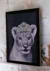 Bling Lion Cub Wearing A Sliver Tiara Art  Framed Picture Size A4 Handmade